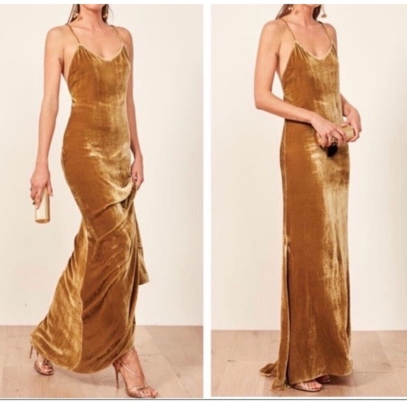 Reformation Rimini Velvet Dress Gold New with Tags! - Picture 3 of 11